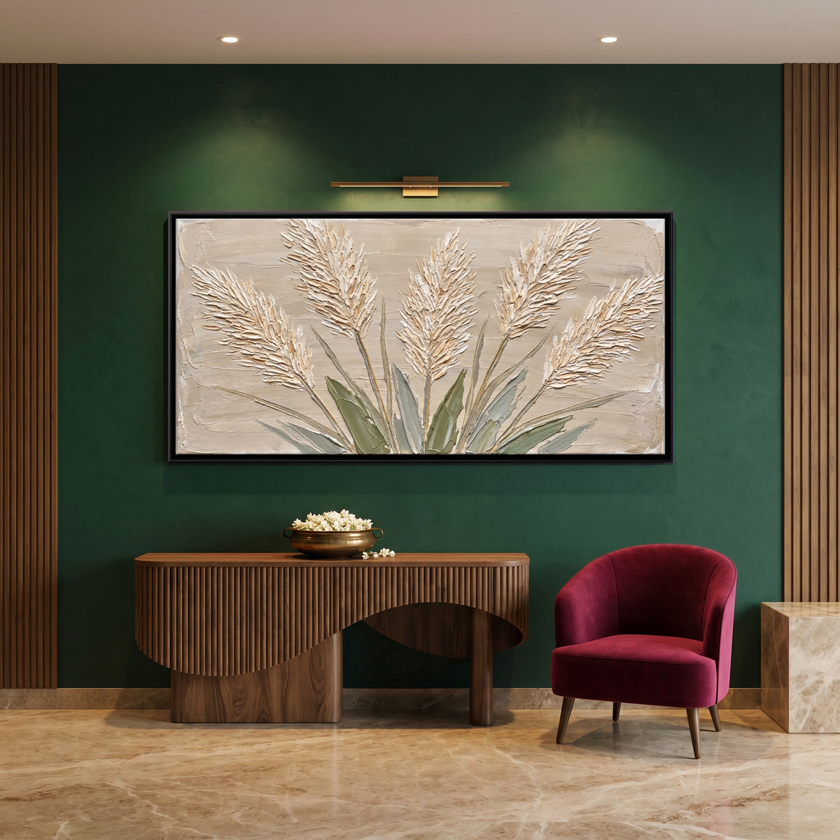 Pampas Grass Plumes - canvas art shown in a second room setting