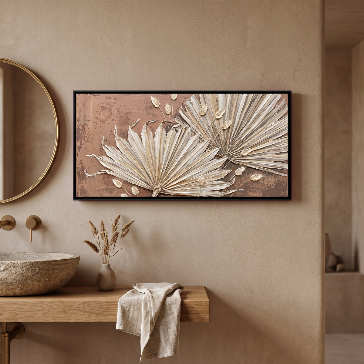 Dried Palm Fronds - canvas art shown in a styled room