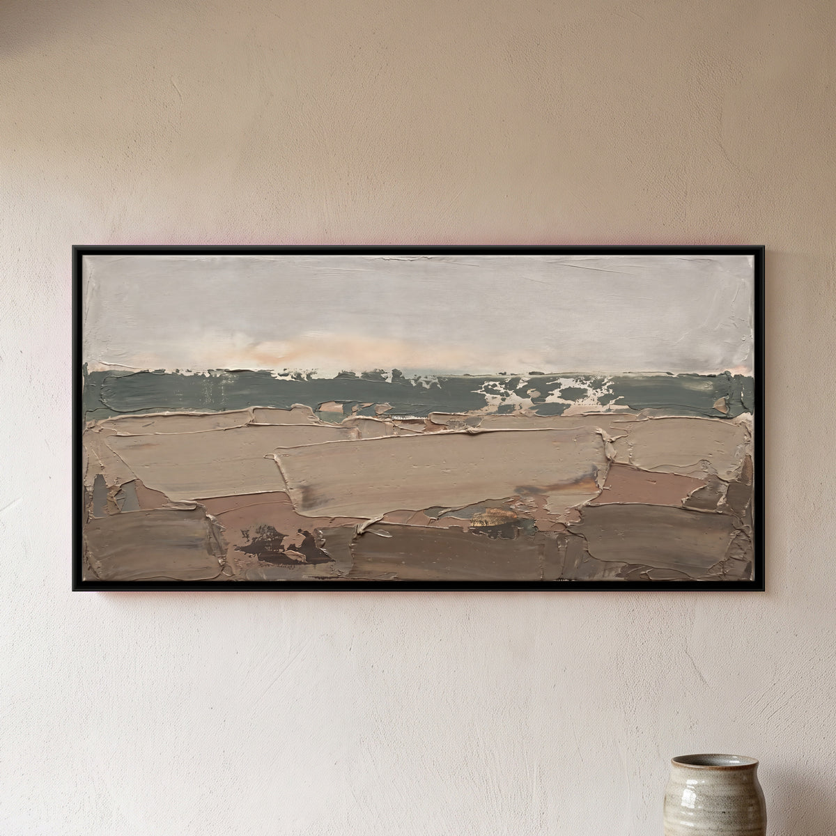 Fields Below a Distant Treeline - framed canvas art hung on a wall