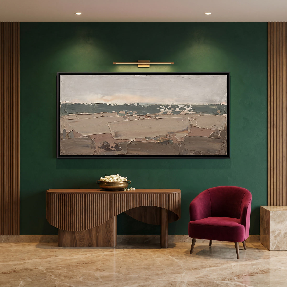 Fields Below a Distant Treeline - canvas art shown in a styled room