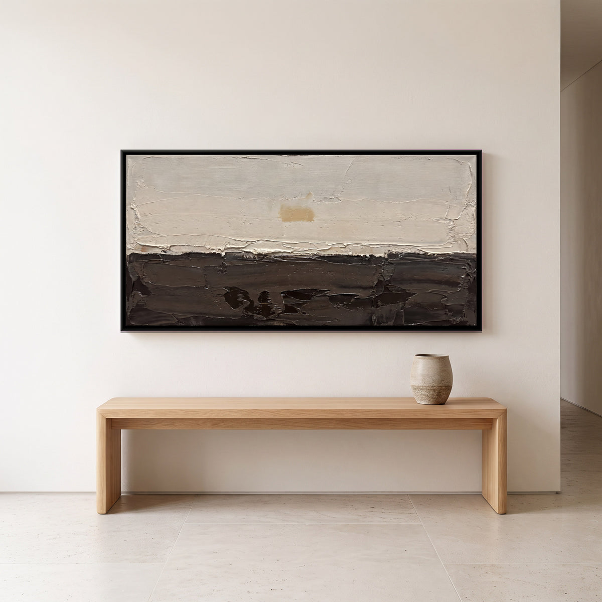 Cream and Umber Horizon - canvas art shown in a styled room
