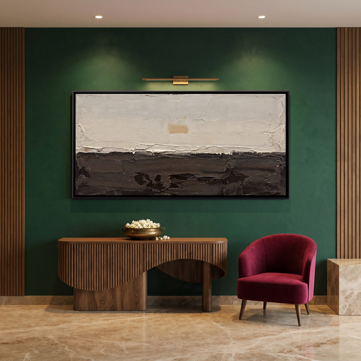 Cream and Umber Horizon - canvas art shown in a second room setting