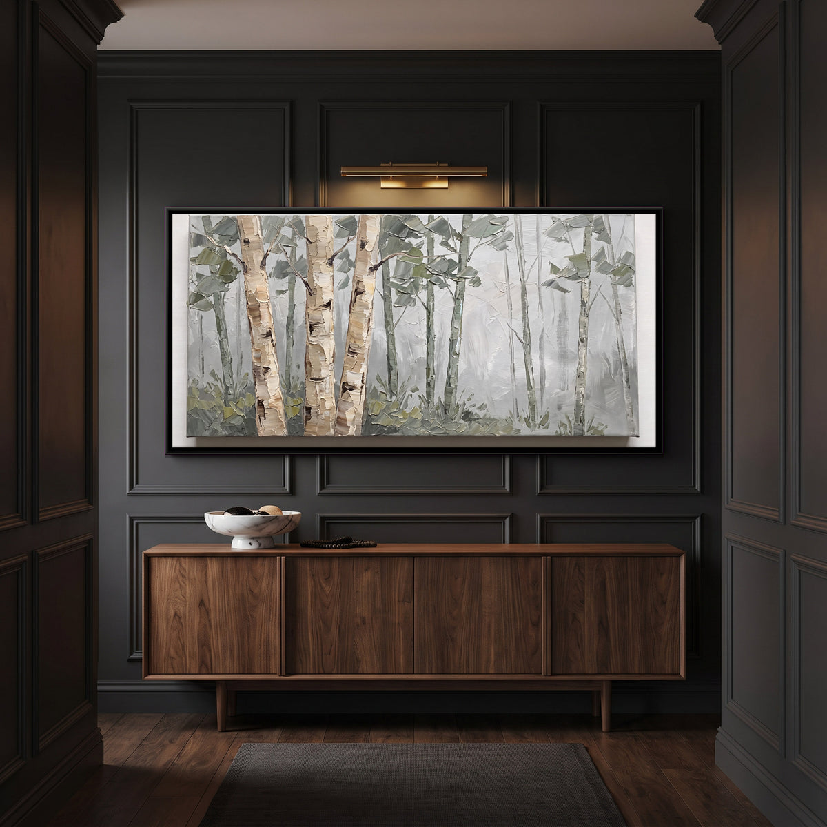 Birch Grove in Mist - canvas art shown in a second room setting