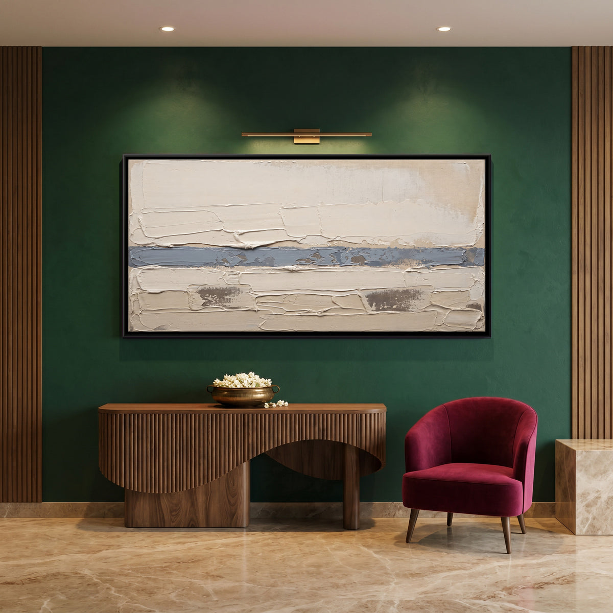 Blue Horizon Over Sand - canvas art shown in a styled room
