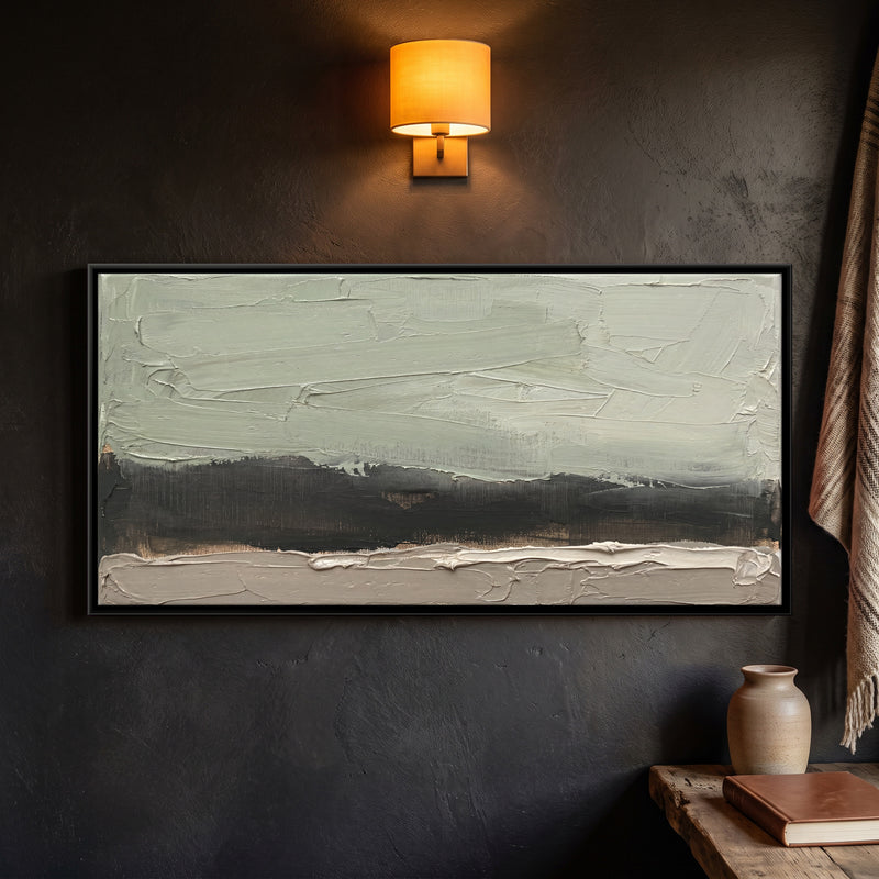 Sage and Charcoal Horizon - framed canvas art hung on a wall