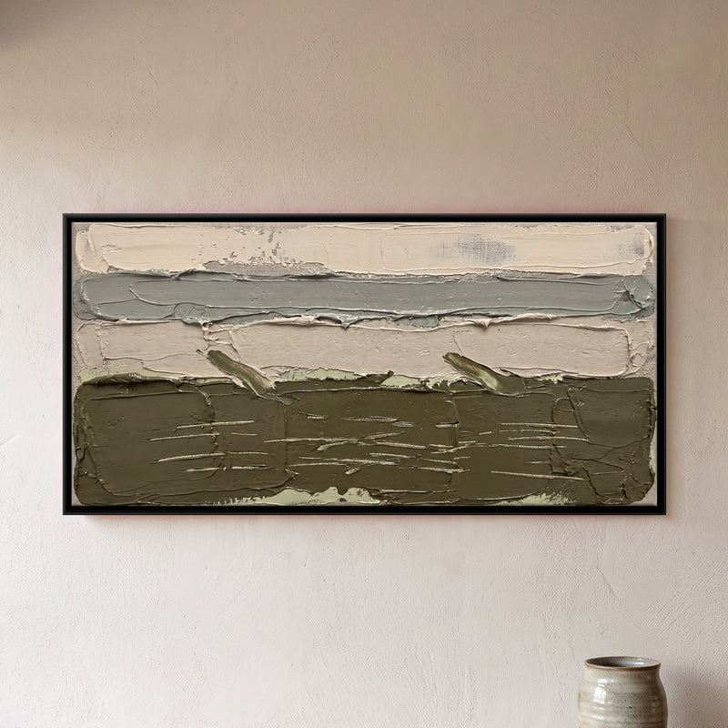 Olive and Oatmeal Horizon - framed canvas art hung on a wall