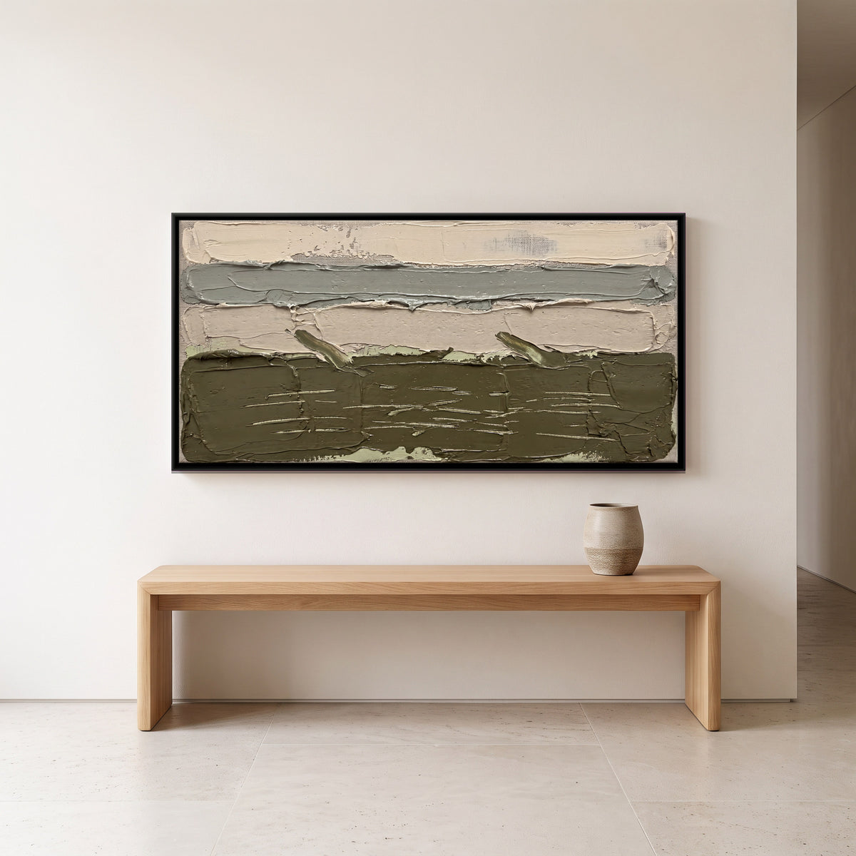 Olive and Oatmeal Horizon - canvas art shown in a second room setting
