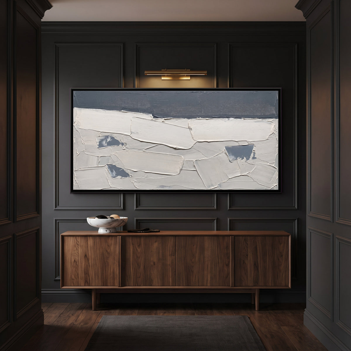 Slate and White Horizon - canvas art shown in a second room setting