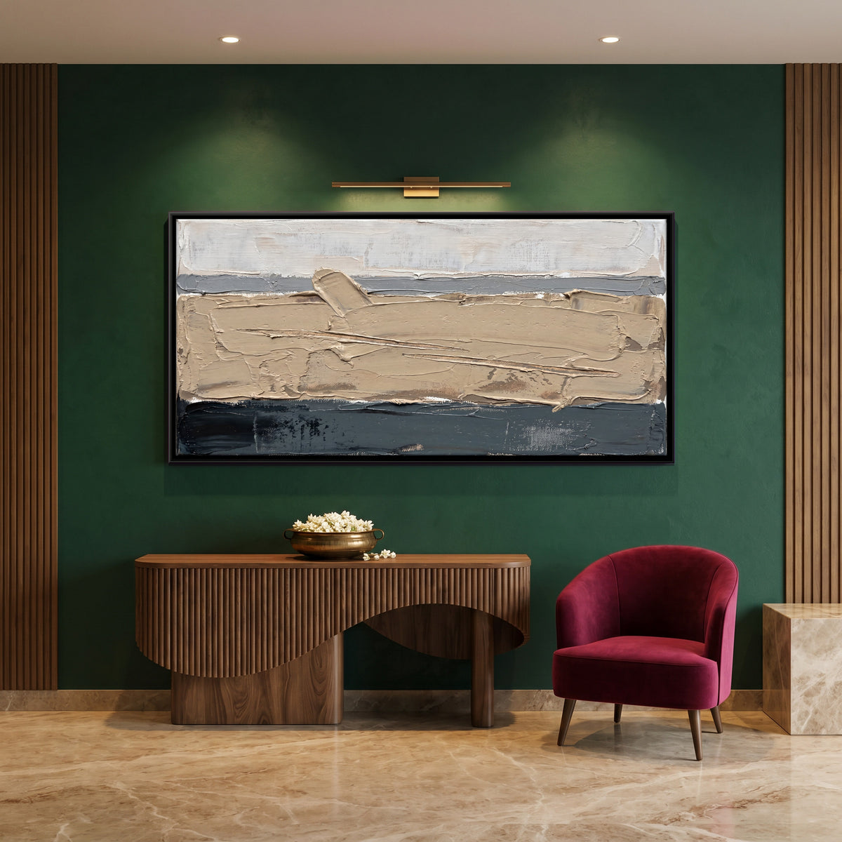 Sand and Teal Horizon - canvas art shown in a styled room