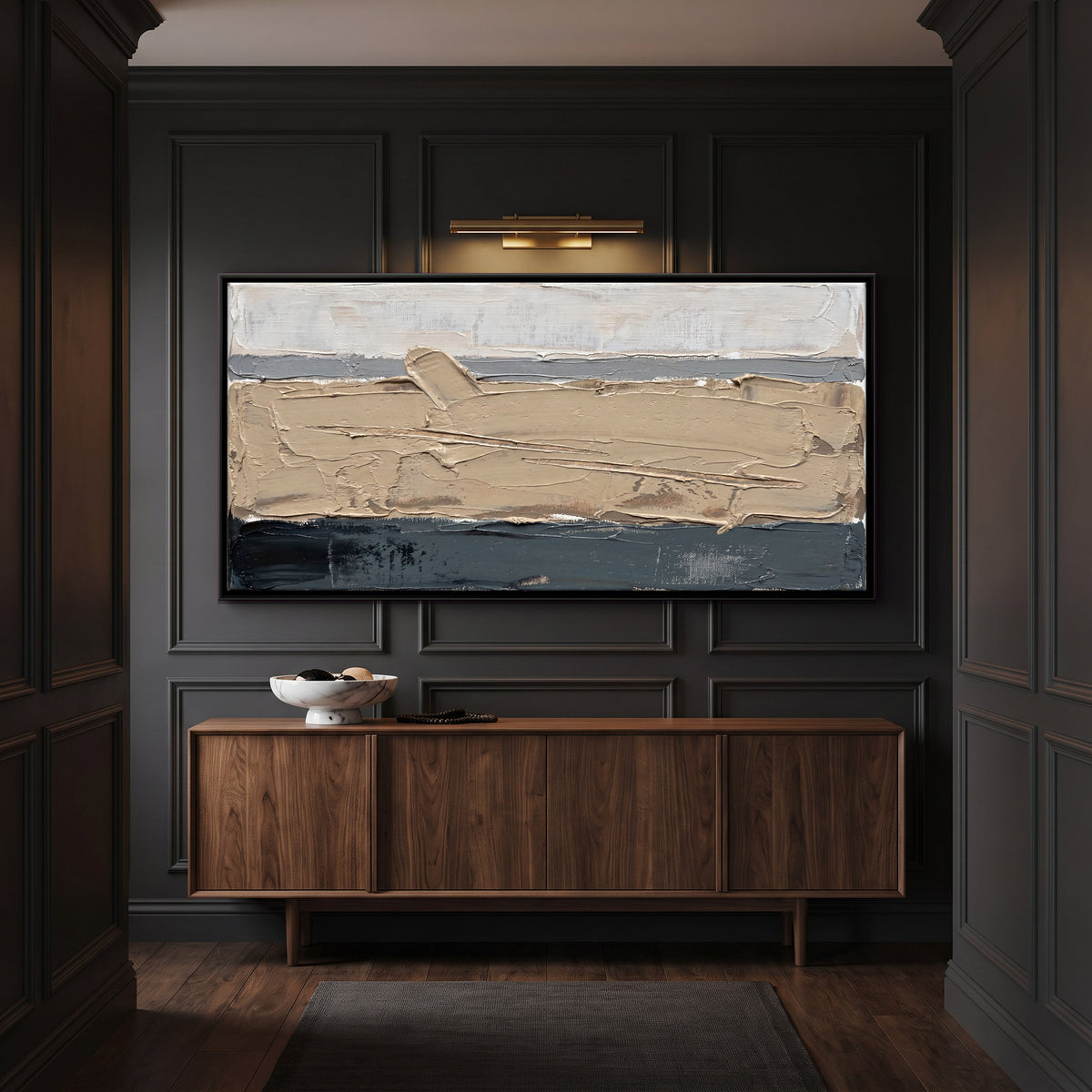 Sand and Teal Horizon - canvas art shown in a second room setting