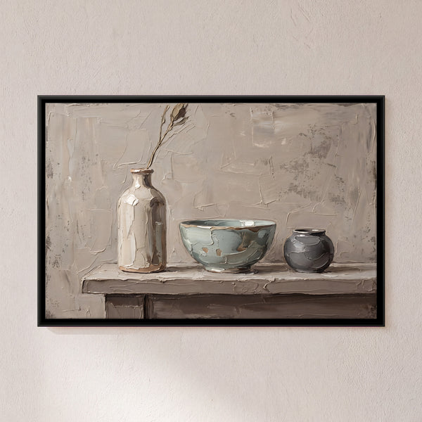 Three Ceramic Vessels on a Shelf