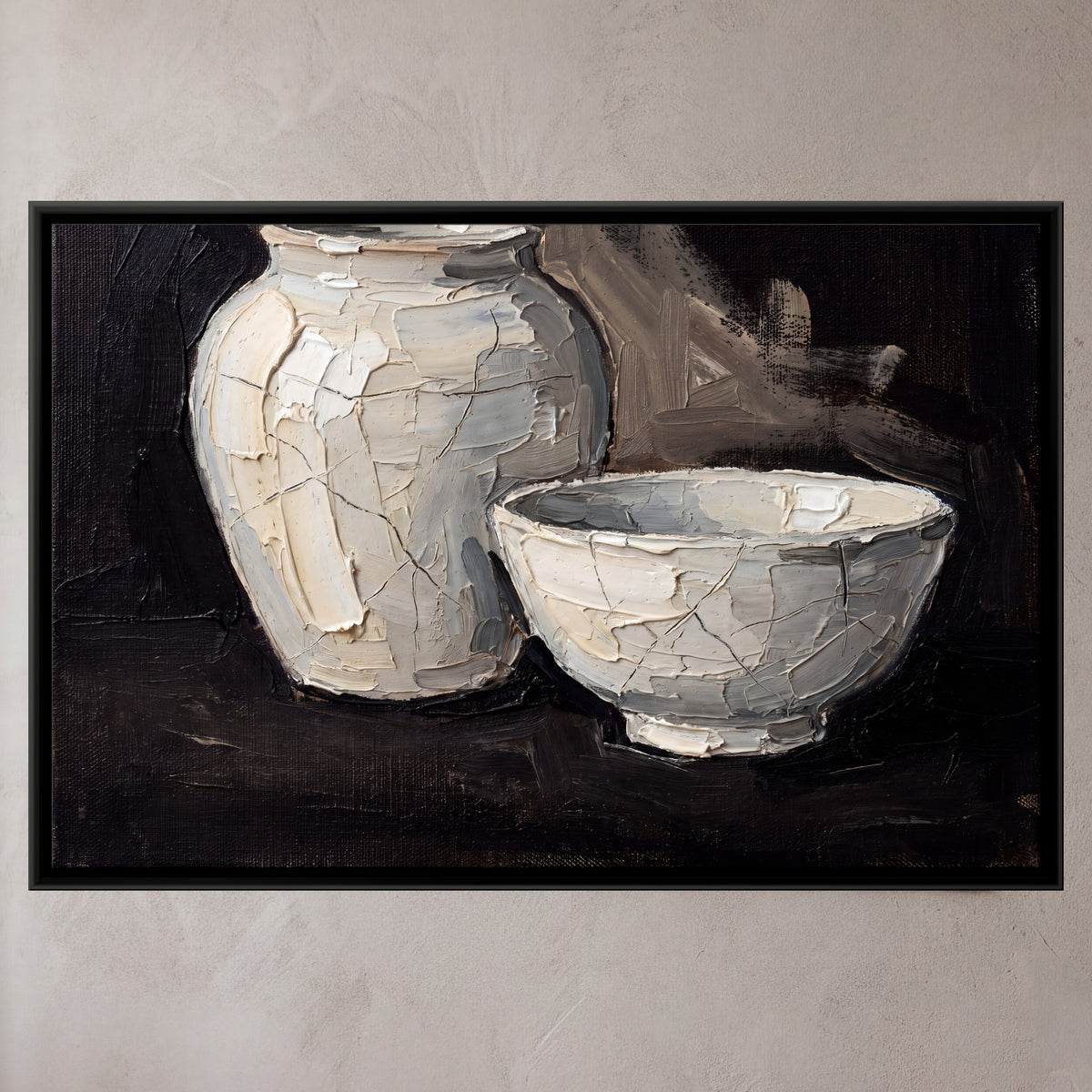 Ceramic Jar and Bowls - framed canvas art hung on a wall