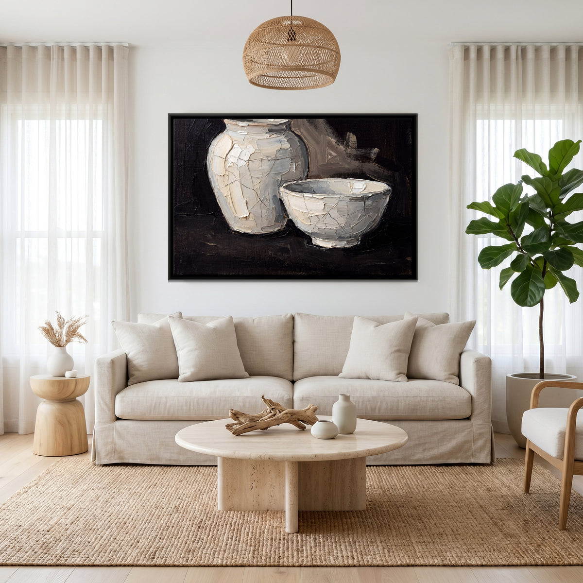 Ceramic Jar and Bowls - canvas art shown in a styled room