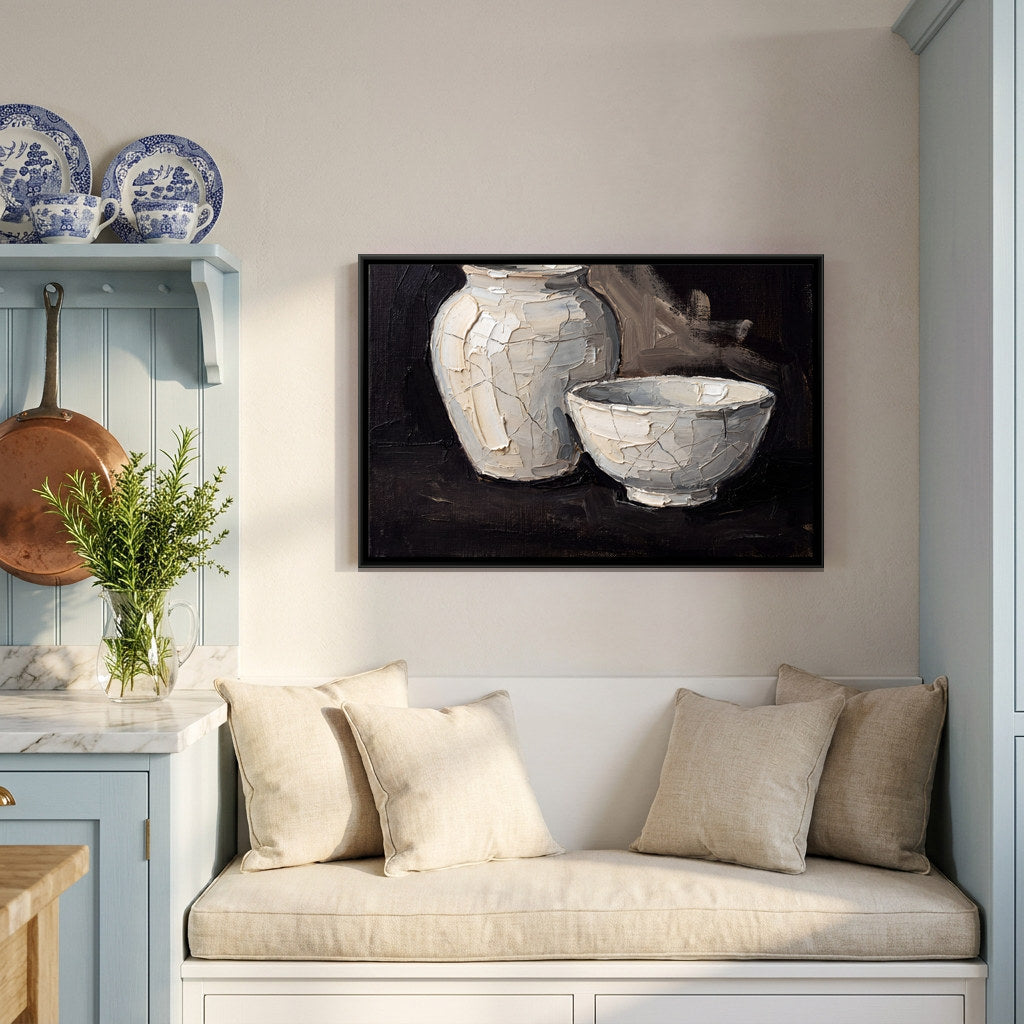 Ceramic Jar and Bowls - canvas art shown in a second room setting