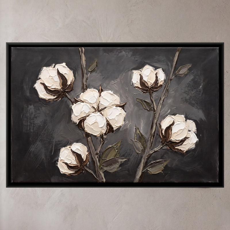 Cotton Bolls on Branches - framed canvas art hung on a wall