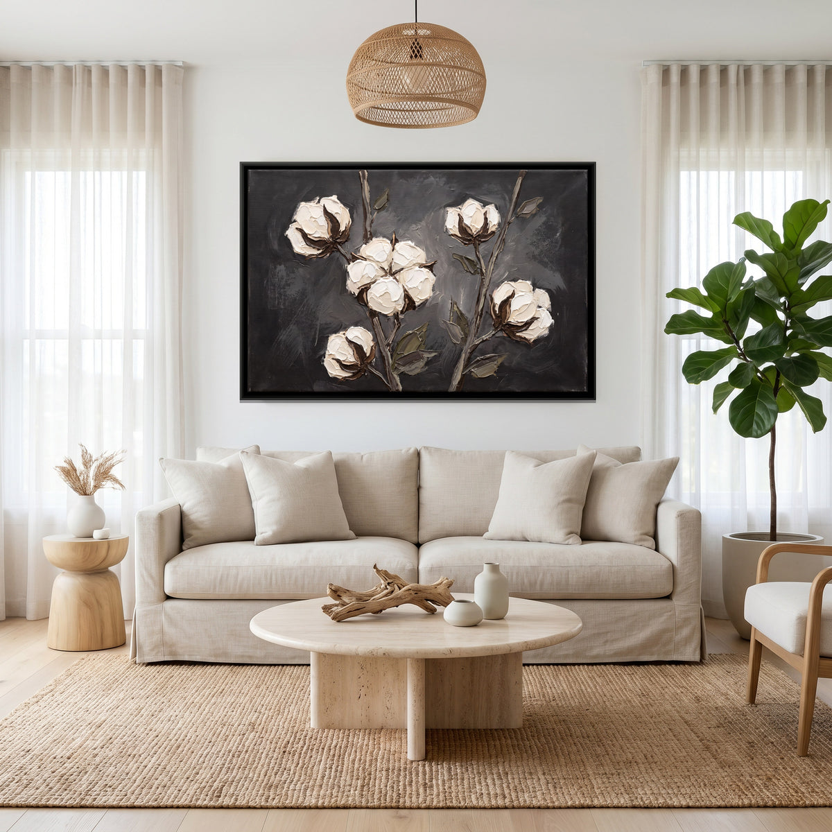Cotton Bolls on Branches - canvas art shown in a styled room