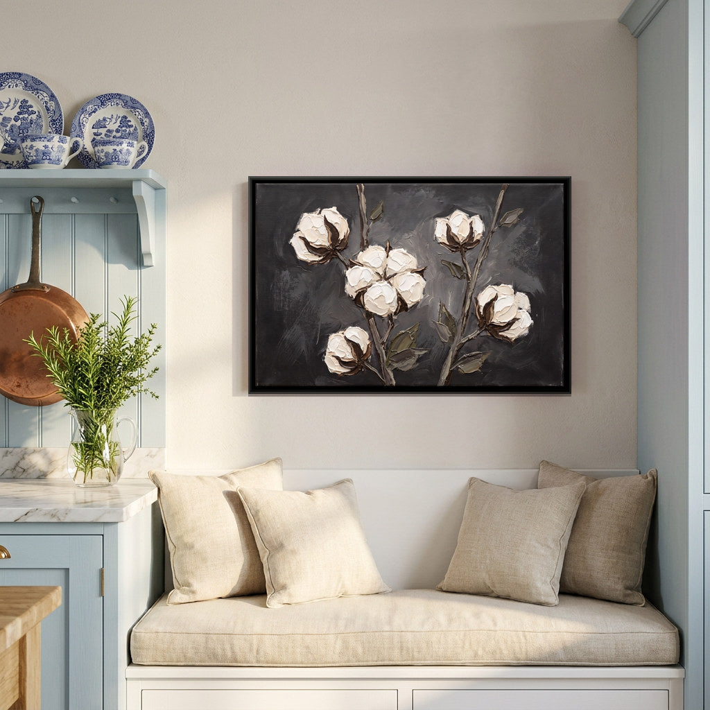 Cotton Bolls on Branches - canvas art shown in a second room setting