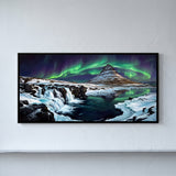Aurora Borealis over a Mountain and Waterfall
