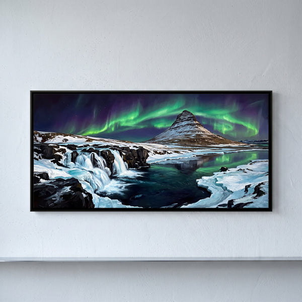 Aurora Borealis over a Mountain and Waterfall