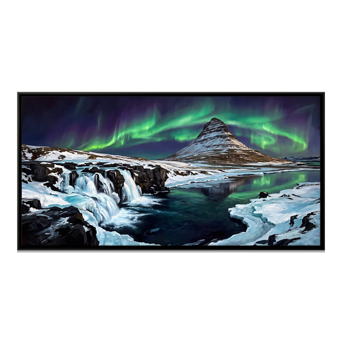 Aurora Over a Mountain Waterfall - framed canvas print, front view