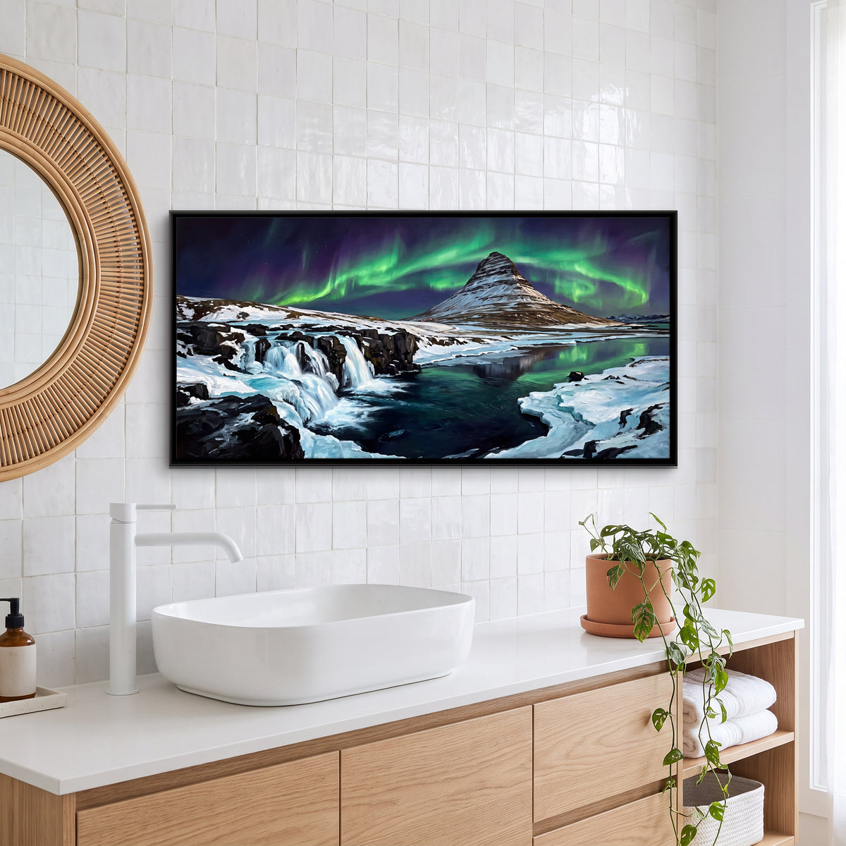 Aurora Over a Mountain Waterfall - canvas art shown in a styled room