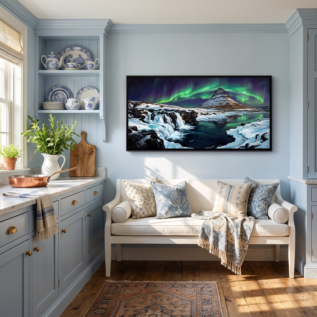 Aurora Over a Mountain Waterfall - canvas art shown in a second room setting