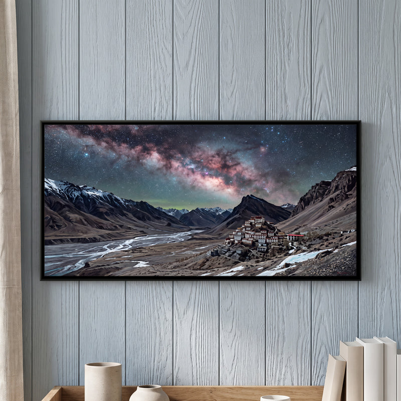 Himalayan Monastery Under the Milky Way - framed canvas art hung on a wall