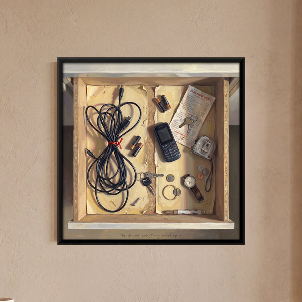Junk Drawer with Cables, Phone, and Keys in Terracotta