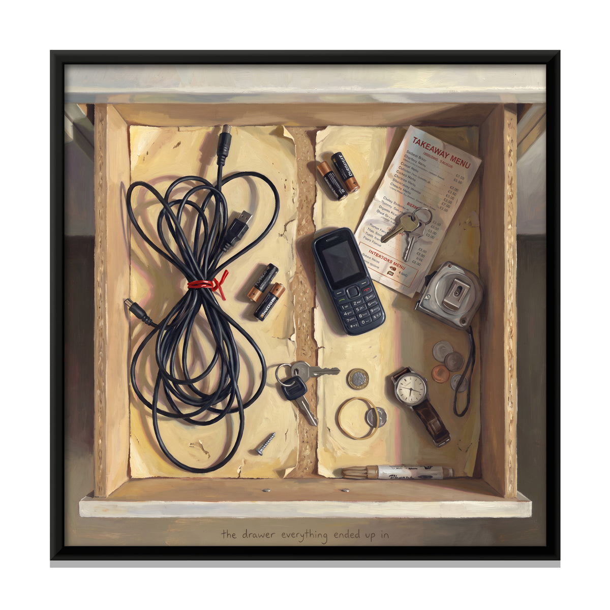 Junk Drawer of Cables and Keys - framed canvas print, front view