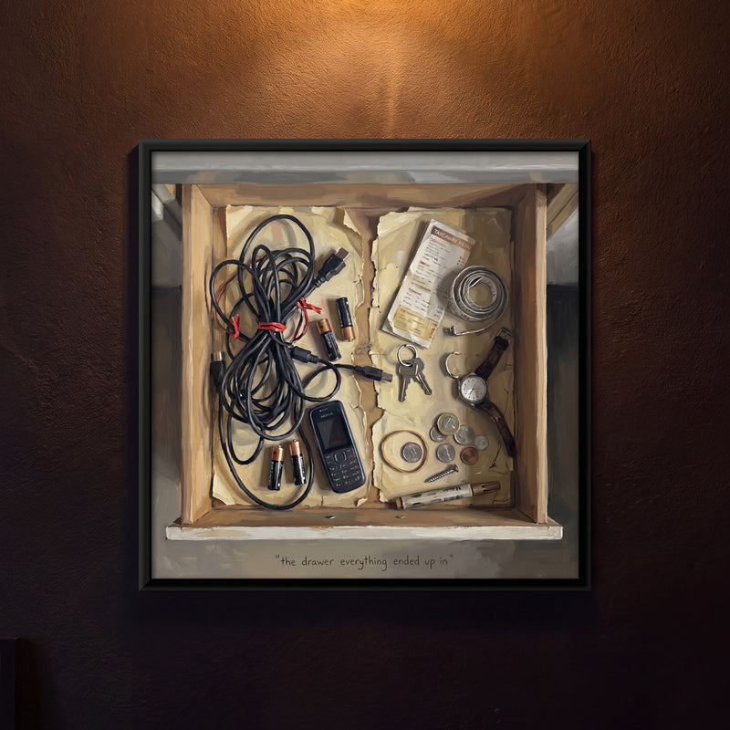 Junk Drawer of Cables and Keys - framed canvas art hung on a wall