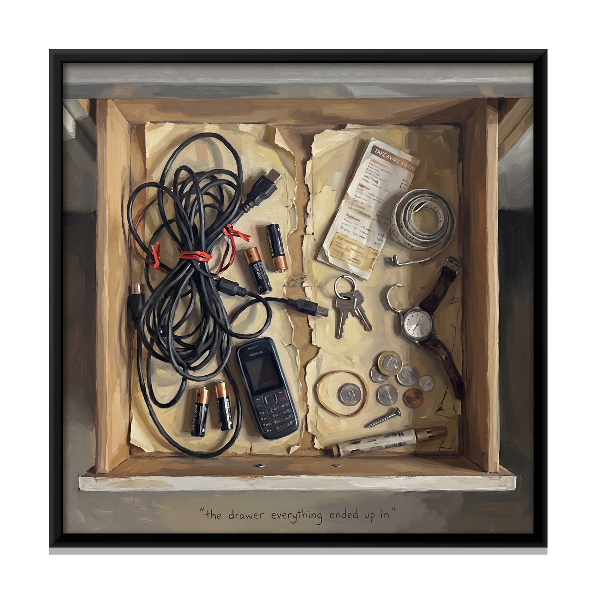 Junk Drawer of Cables and Keys - framed canvas print, front view