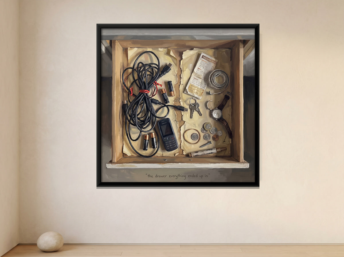 Junk Drawer of Cables and Keys - canvas art shown in a styled room