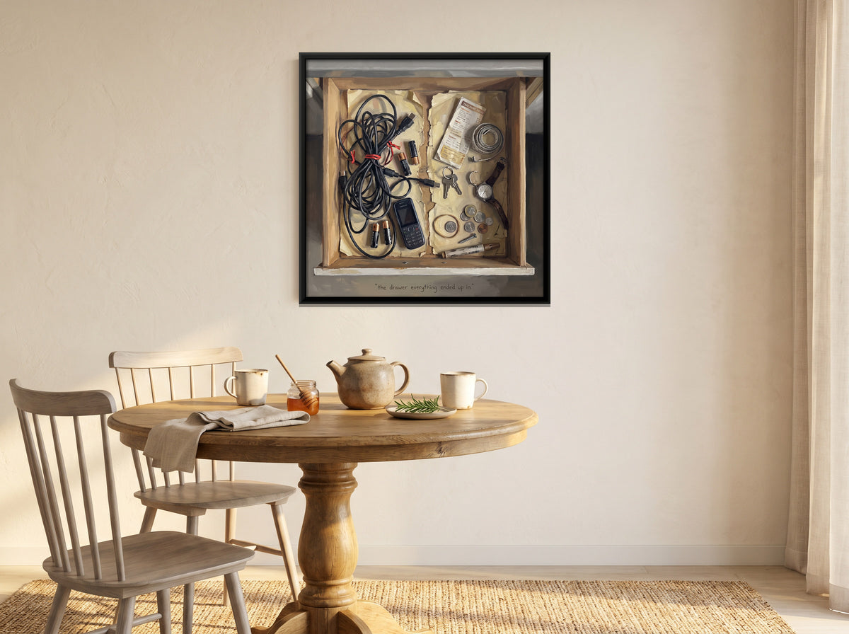 Junk Drawer of Cables and Keys - canvas art shown in a second room setting