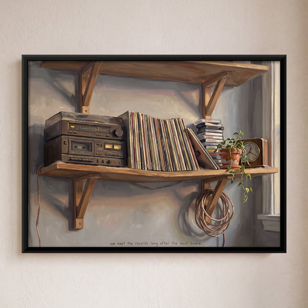 Stereo System and Vinyl Records on Shelf in Slate