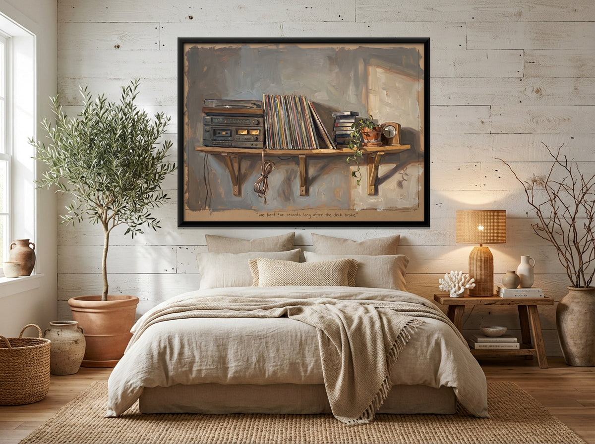 Stereo Shelf with Vinyl Records - canvas art shown in a second room setting
