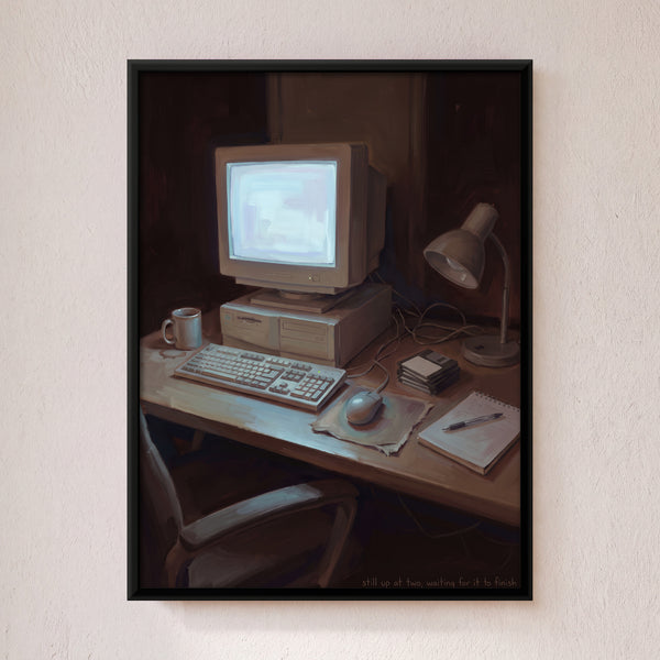 Old Desktop Computer on Desk at Night in Crimson