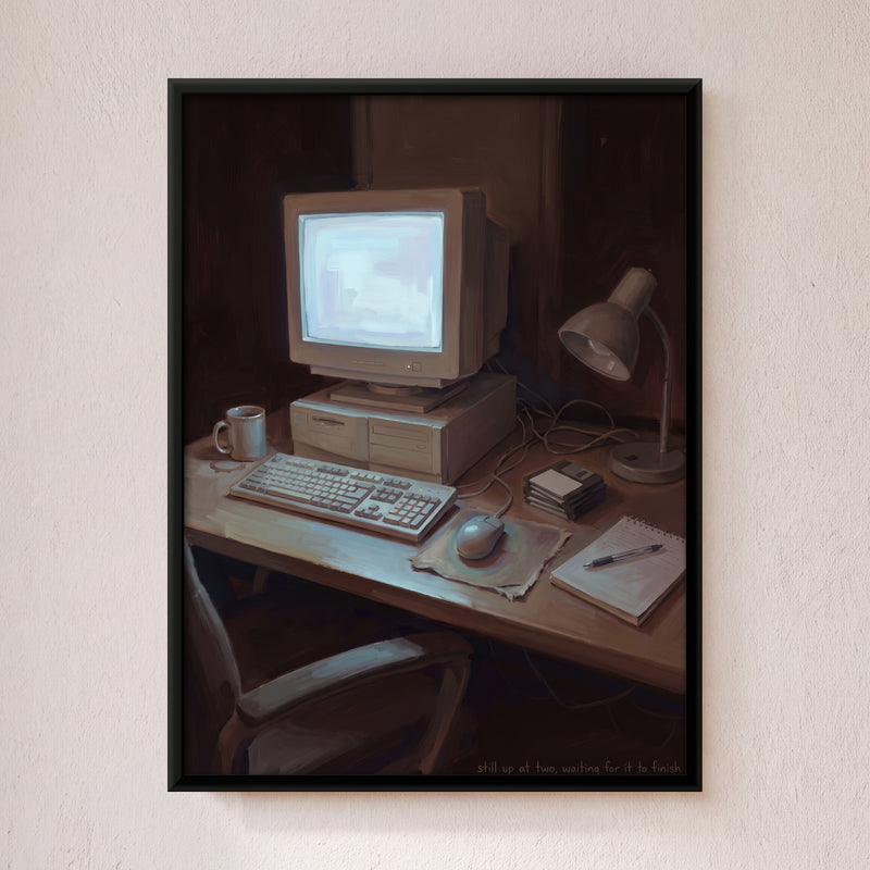 Old Desktop Computer at Night - framed canvas art hung on a wall