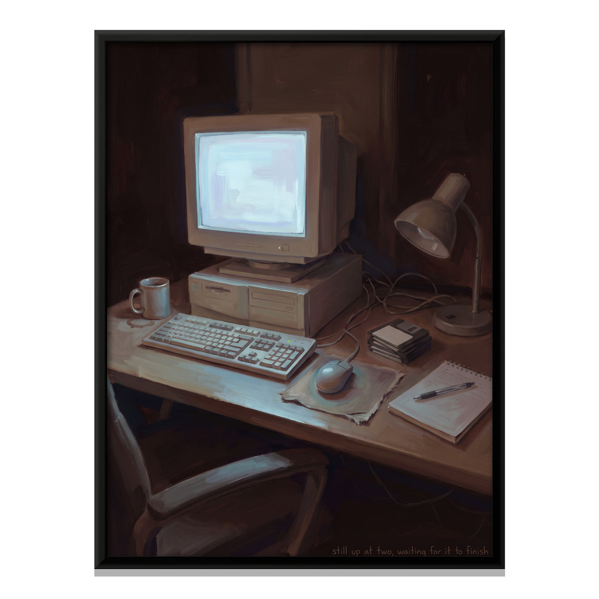 Old Desktop Computer at Night - framed canvas print, front view