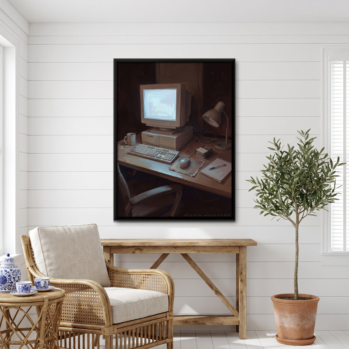Old Desktop Computer at Night - canvas art shown in a styled room