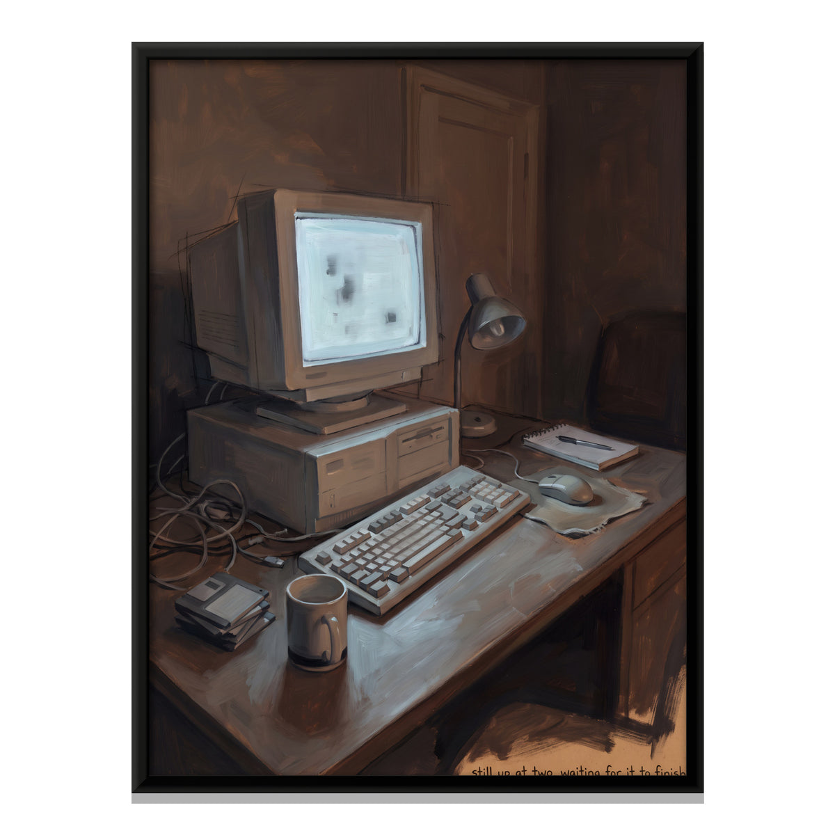 Old Desktop Computer at Night - framed canvas print, front view