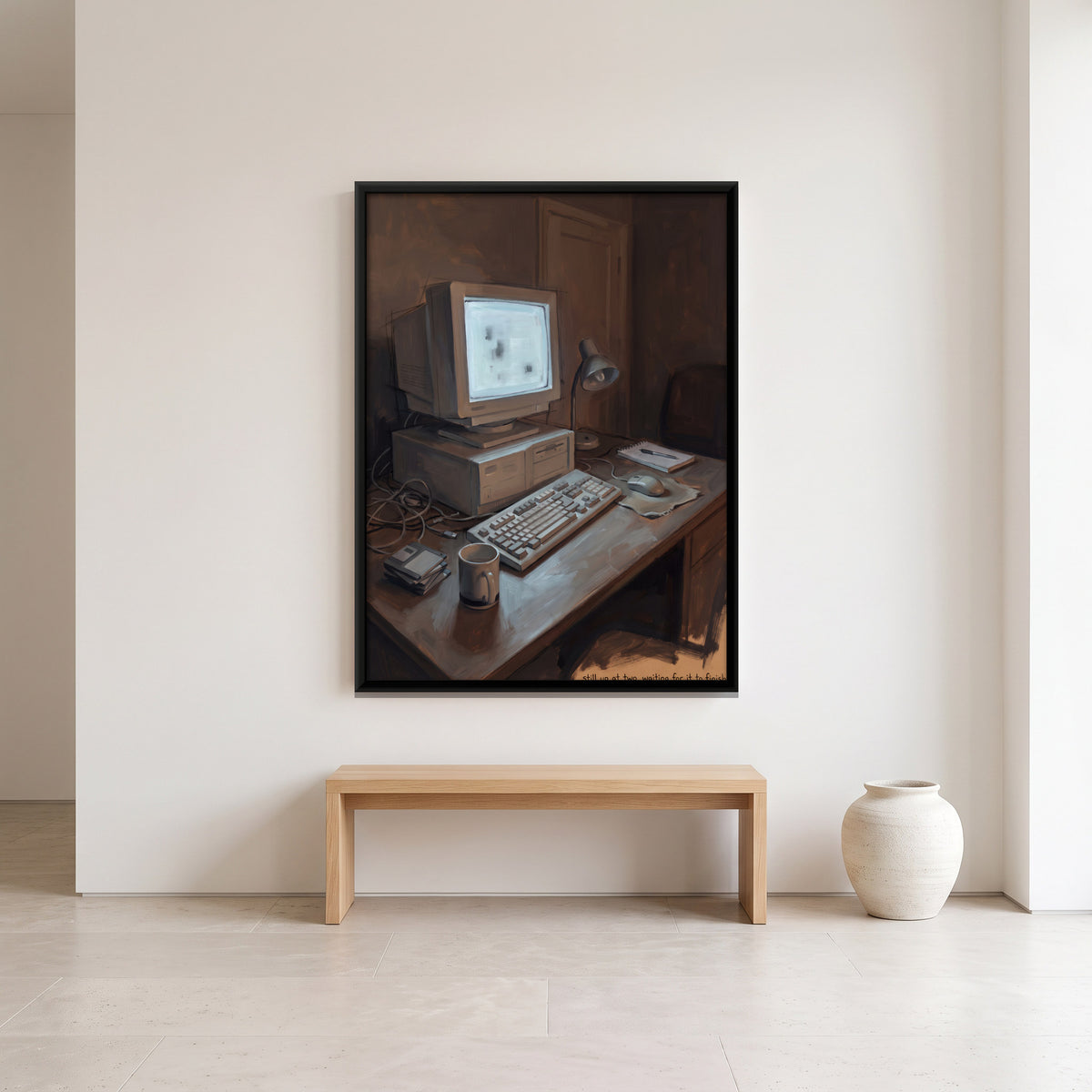 Old Desktop Computer at Night - canvas art shown in a second room setting