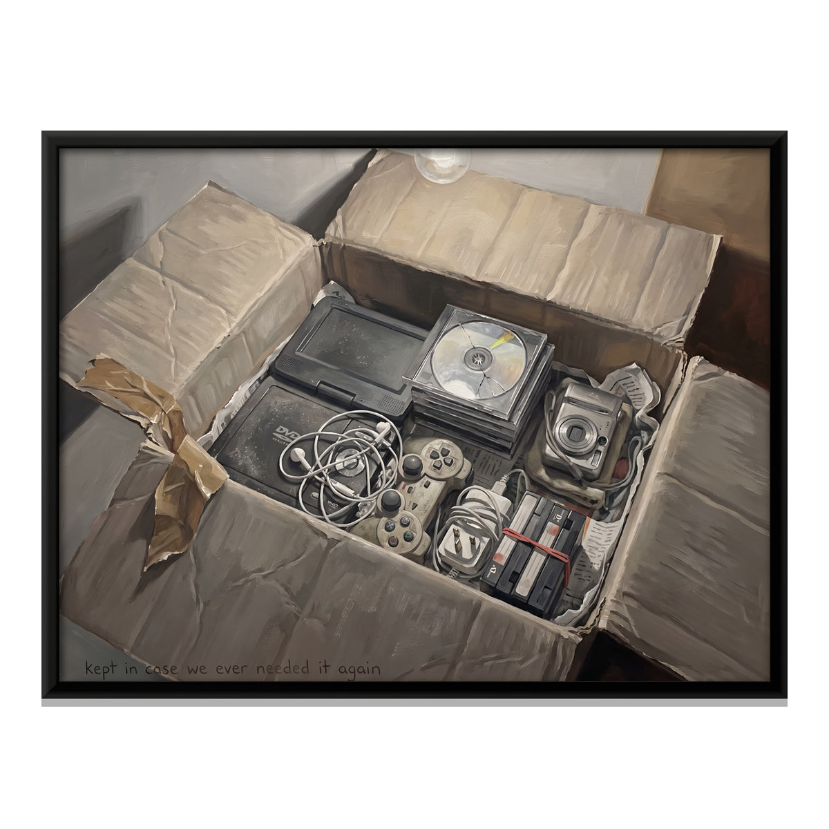 Cardboard Box of Old Electronics - framed canvas print, front view