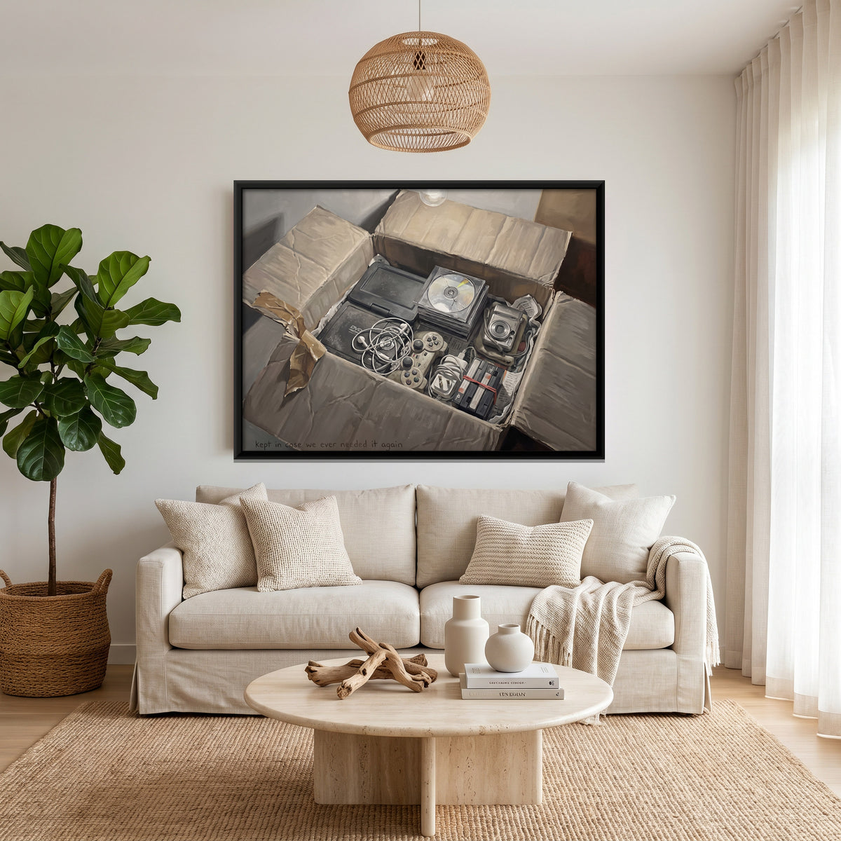 Cardboard Box of Old Electronics - canvas art shown in a styled room