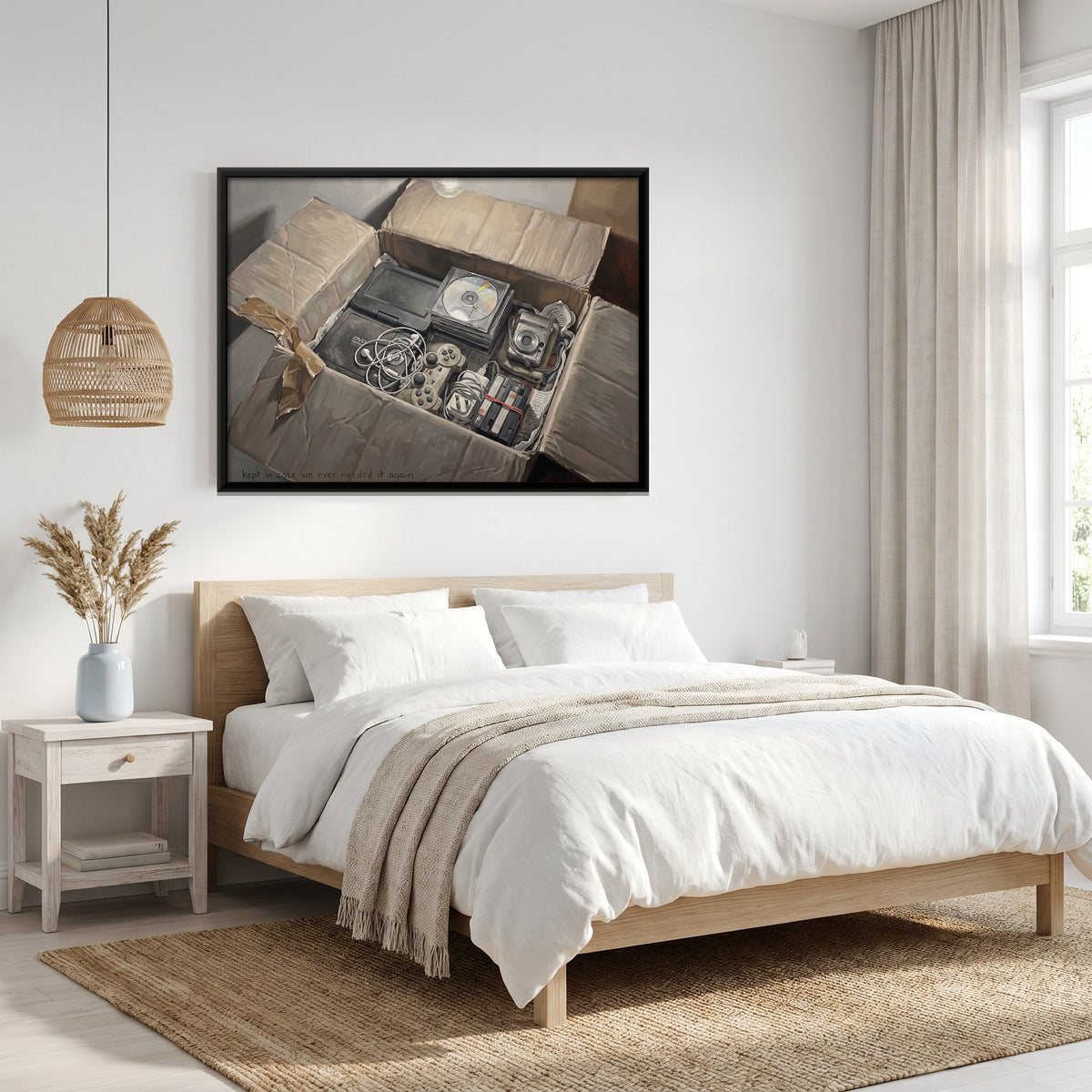 Cardboard Box of Old Electronics - canvas art shown in a second room setting