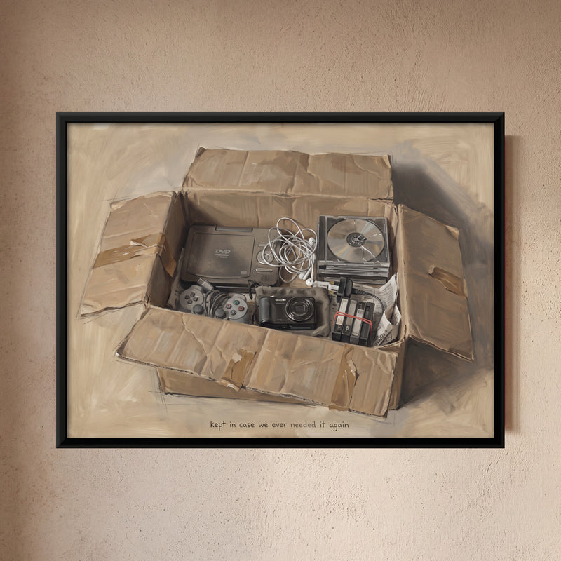 Cardboard Box of Old Electronics - framed canvas art hung on a wall