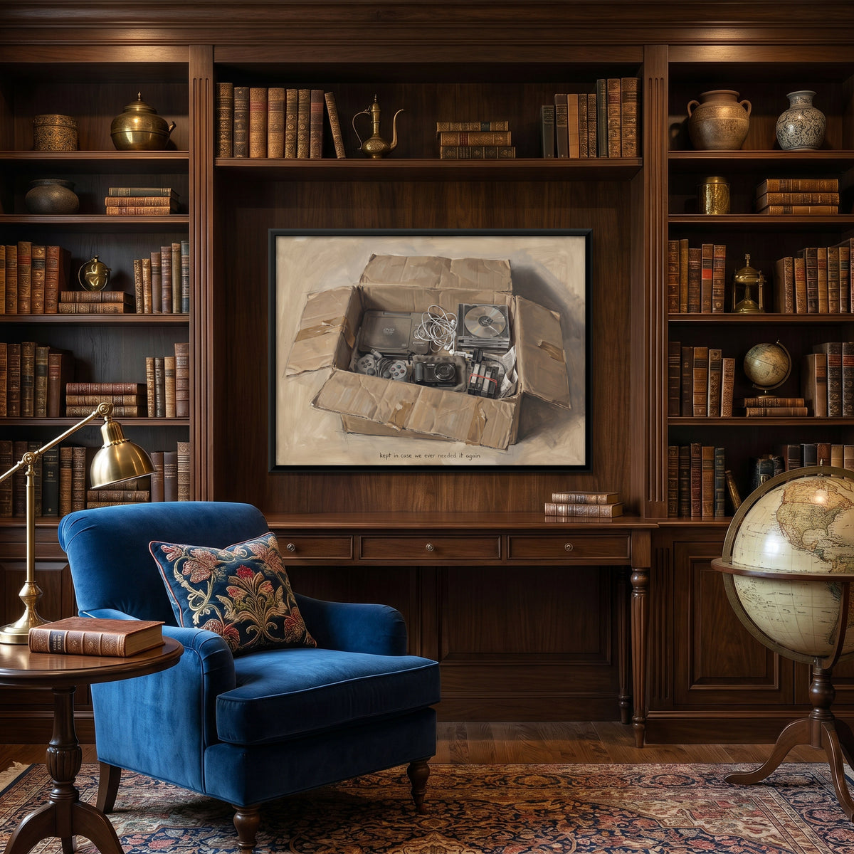 Cardboard Box of Old Electronics - canvas art shown in a second room setting