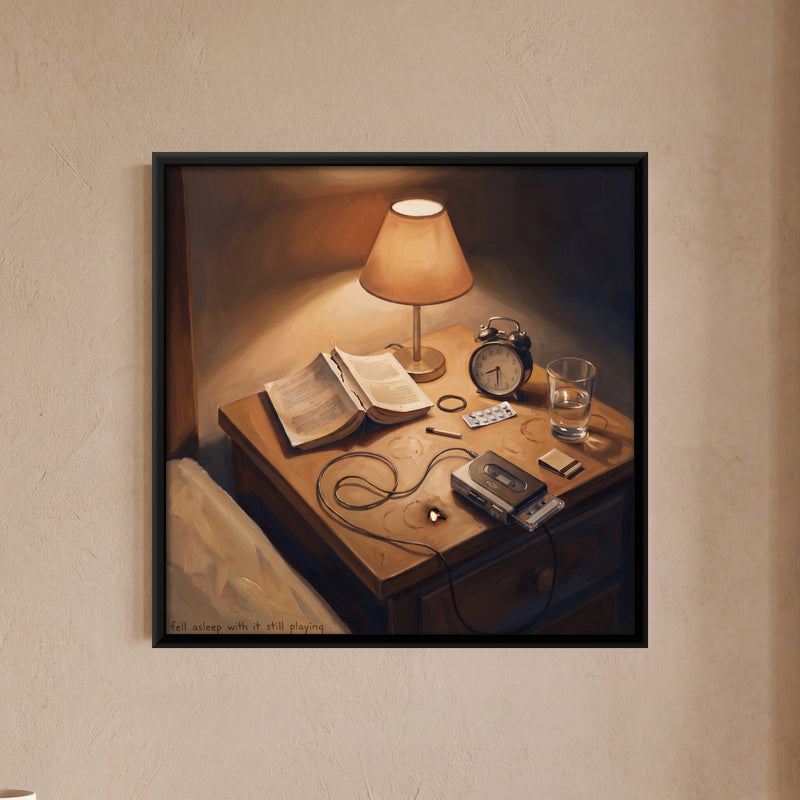 Bedside Table with Cassette Player - framed canvas art hung on a wall