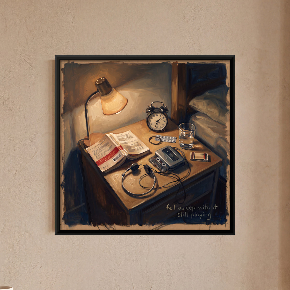 Bedside Table with Cassette Player - framed canvas art hung on a wall