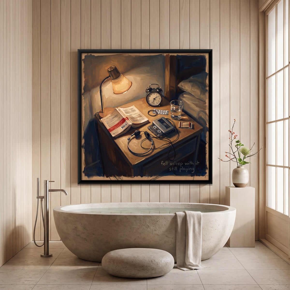 Bedside Table with Cassette Player - canvas art shown in a second room setting