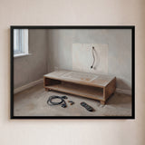 Empty TV Stand with Cables and Remote on Floor